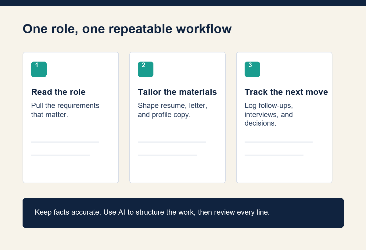 Preview of the AI Job Kit workflow from job post to tailored application materials